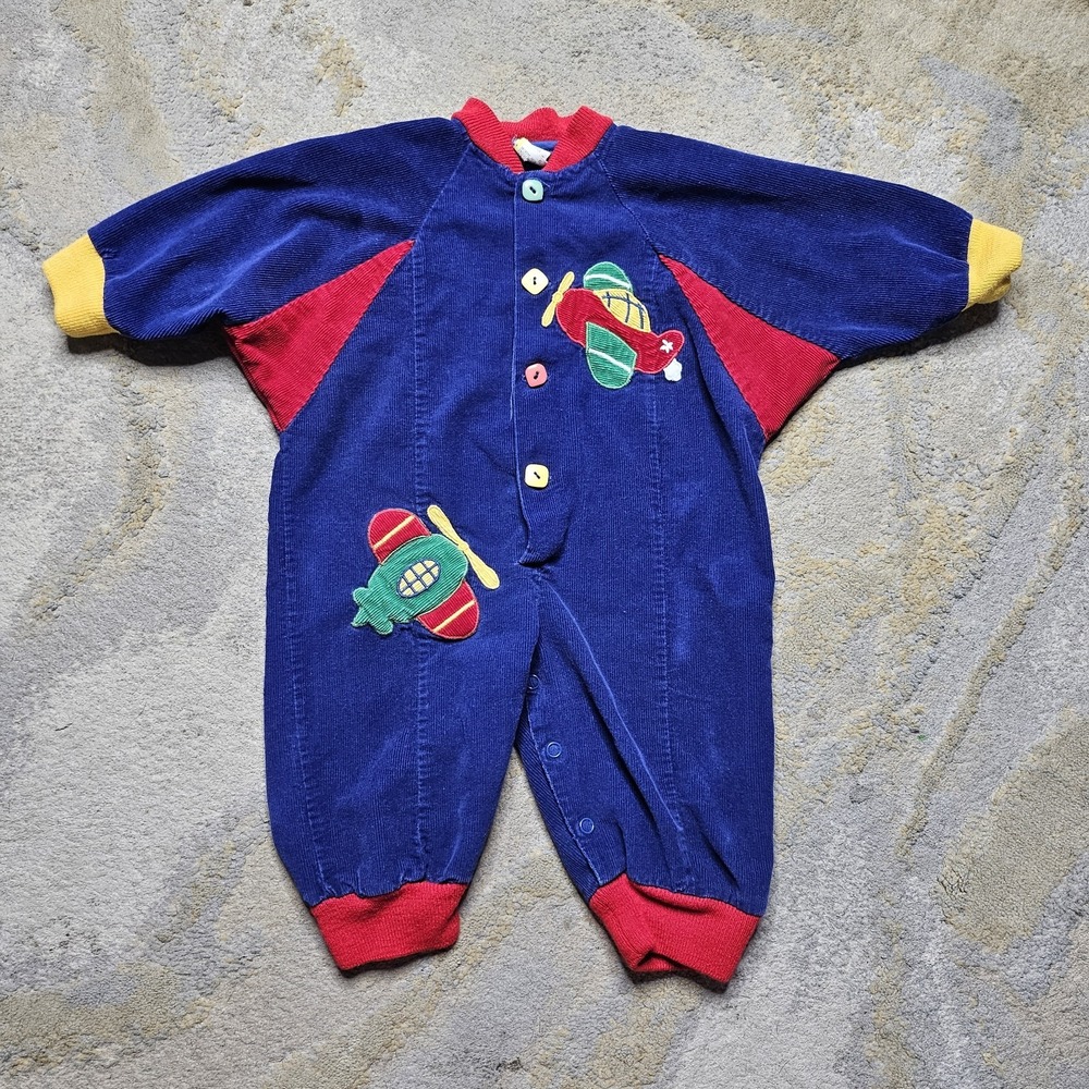 Vtg Baby One Piece Outfit Blue Corduroy  Primary Color planes 12 Month